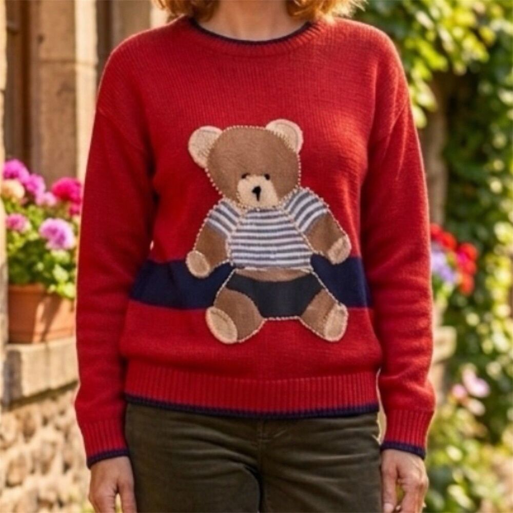 Vintage 1995 SML Sport Ltd Teddy Bear Sweater Red Knit Academia Preppy Slouchy